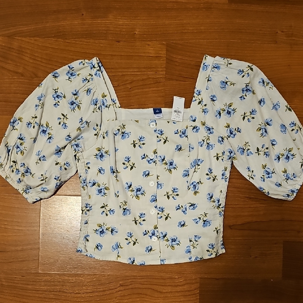 Puff Sleeve Linen Blend Floral Top Size Small Tall